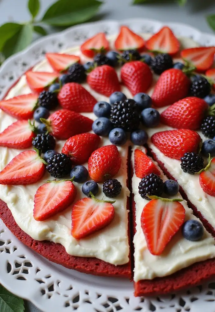 30 Red Cake Ideas That Look Stunning and Unique - 27. Red Velvet Fruit Pizza