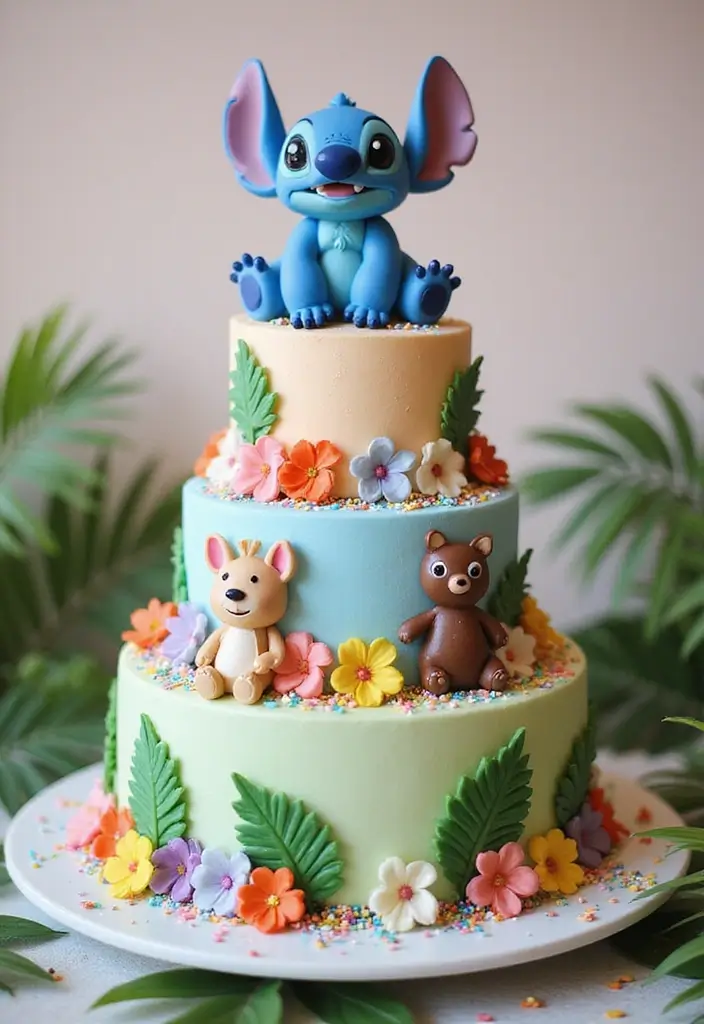 30 Stitch Birthday Cake Designs That Look Cute and Playful 2 30 Stitch Birthday Cake Designs That Look Cute and Playful - 2. Stitch and Friends Scene Cake