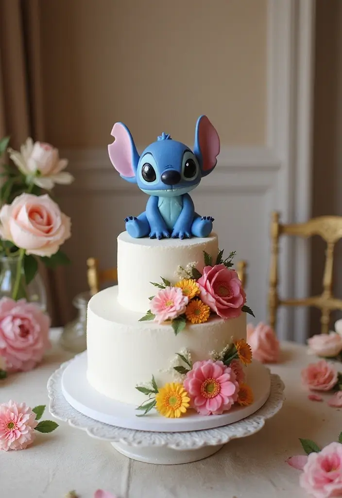 30 Stitch Birthday Cake Designs That Look Cute and Playful 6 30 Stitch Birthday Cake Designs That Look Cute and Playful - 6. Stitch Floral Cake