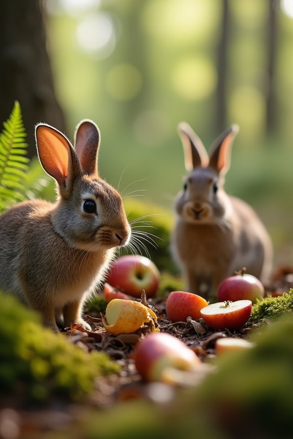 wild rabbits forage on grasses and weeds